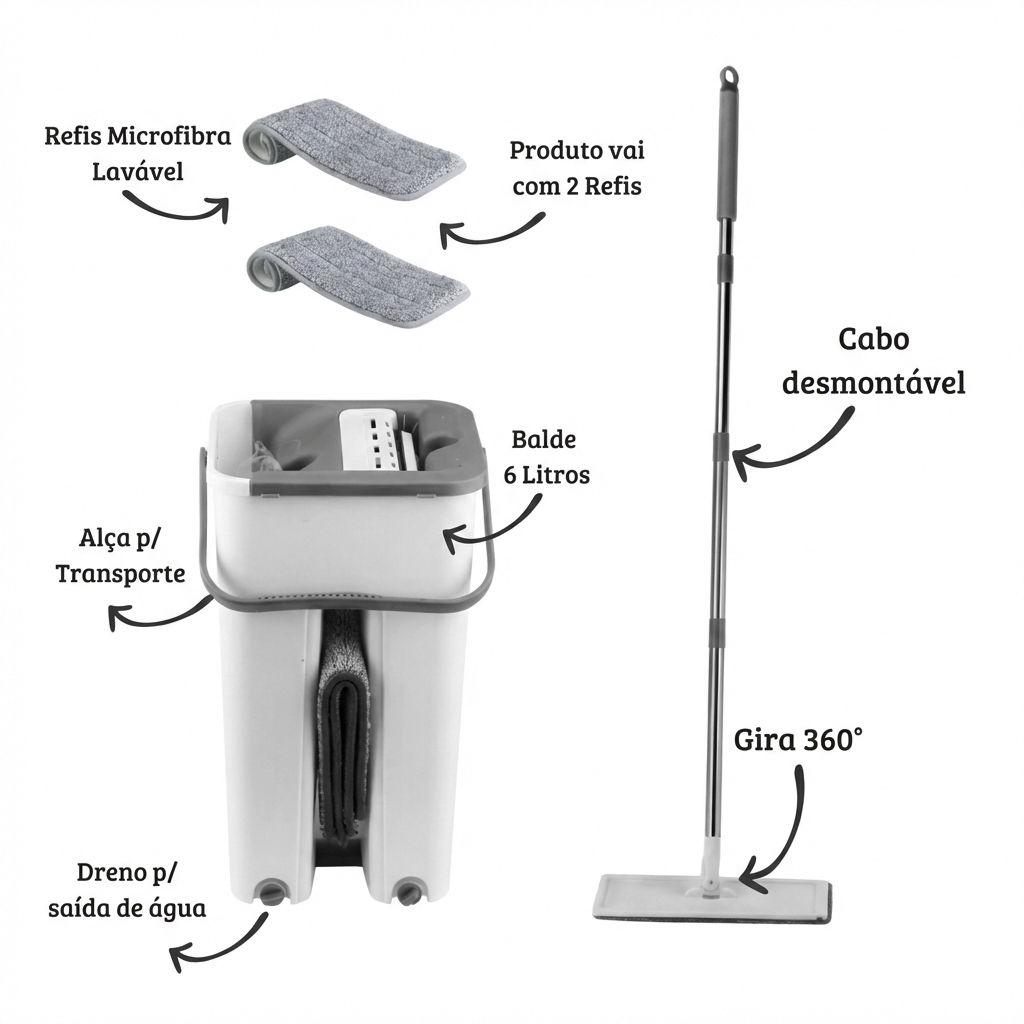 Flat Mop 360° Lava e Seca Com Balde